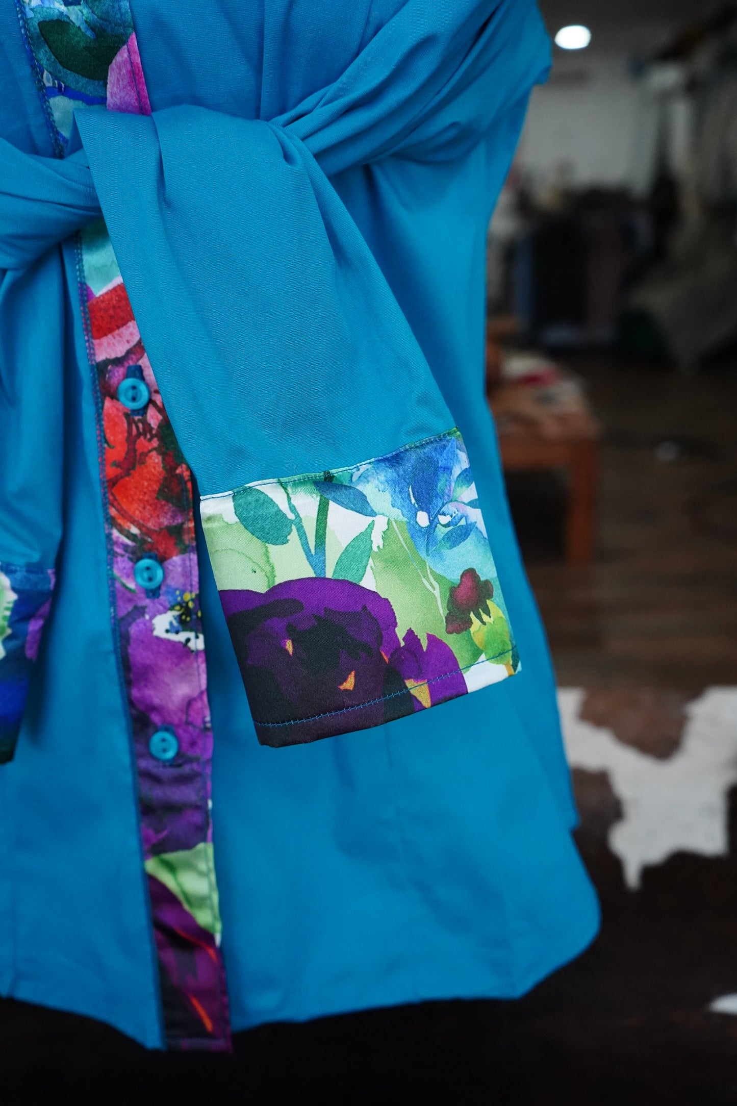 L - Watercolor Floral on Teal Cotton Button Down