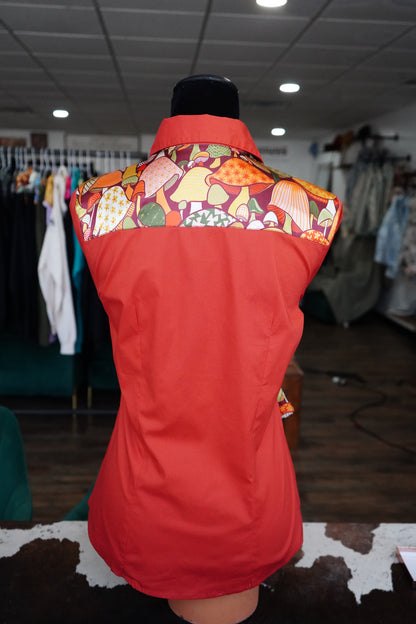 M - 70s Trippy Hippy on Rust Red Cotton Button Down