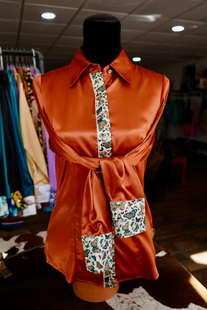 S - Cheetah Butterflies on Rust Satin Button Down
