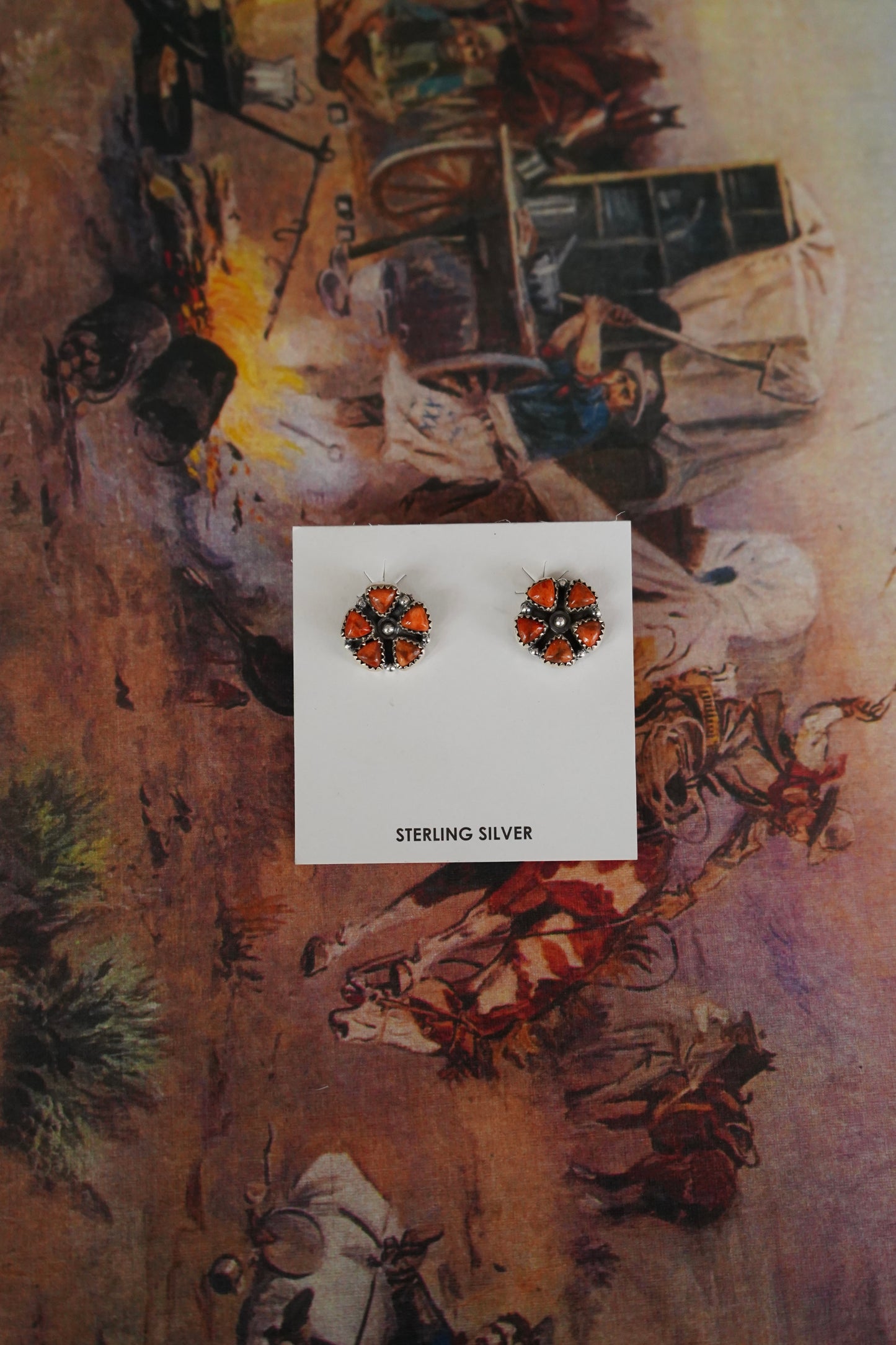 Orange Spiny Flower Concho Stud Earrings