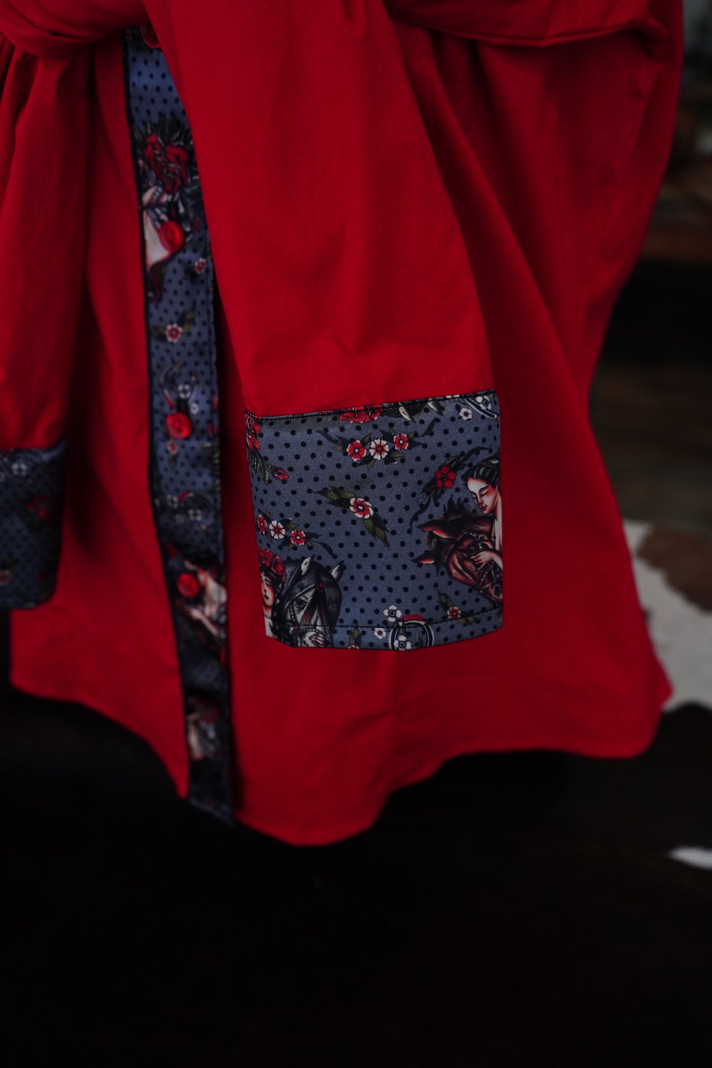 2XL - Gray Traditional Cowgirl on Red Cotton Button Down