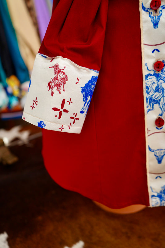 L - Patriotic Buckers on Red Cotton Button Down