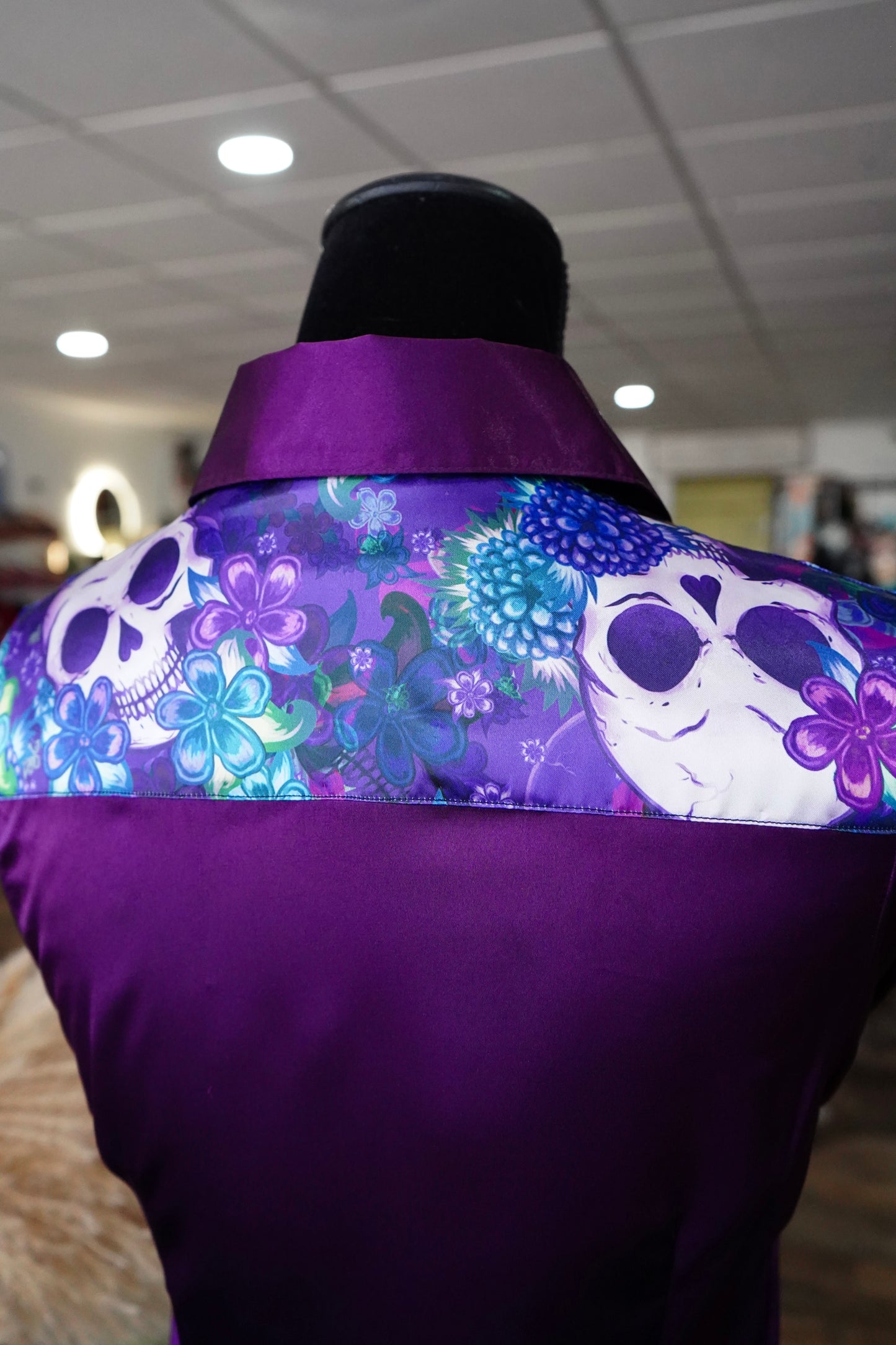 S - Purple Floral Skulls on Purple Satin Button Down