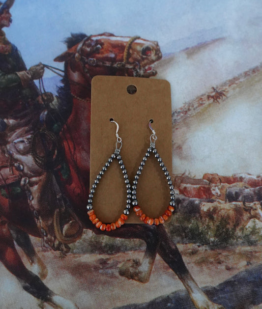 Sterling Silver Pearl w/ Orange Spiny Hoop Fish Hook Earrings