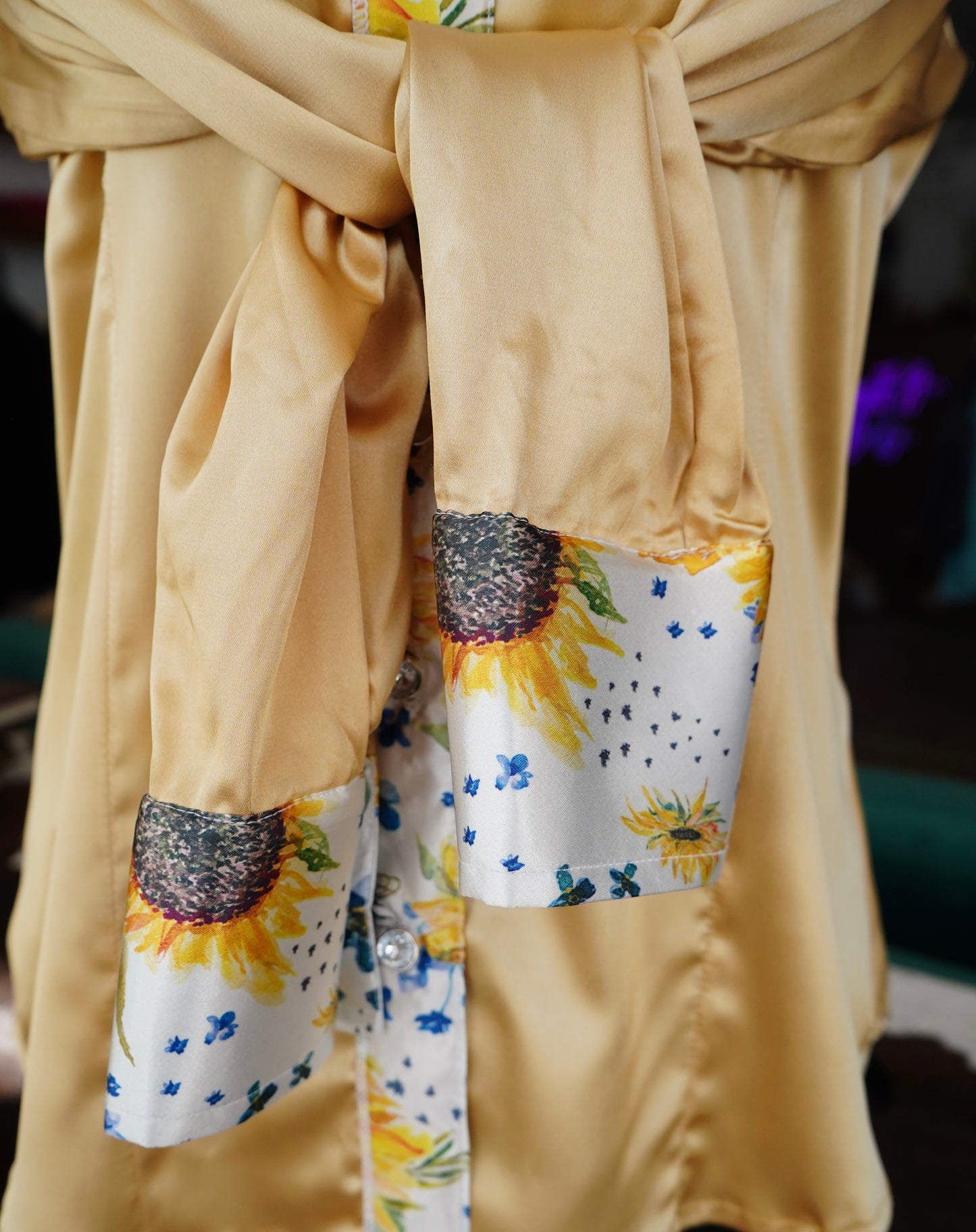 L - Original Sunflowers on Gold Satin Button Down