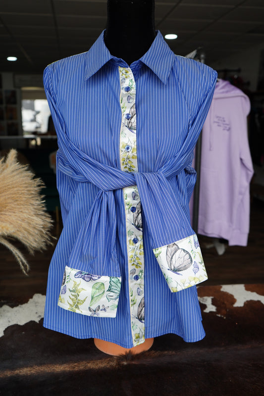 XL - Butterflies & Leaves on Denim & Blue Striped Cotton Button Down