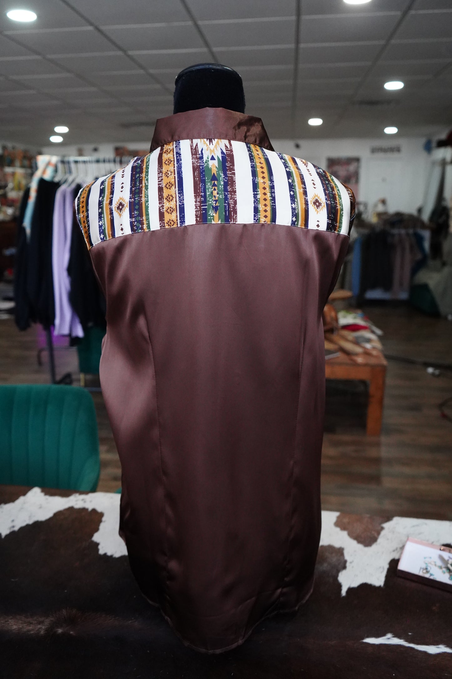 2XL - Native Stripe on Brown Satin Button Down