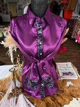 Load image into Gallery viewer, M - Black and Purple Paisley on Purple Satin Button Down