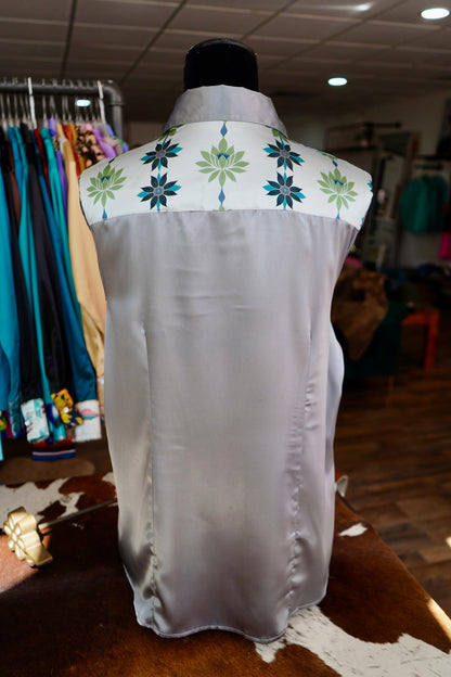 2XL - Green Lotus Flowers on Silver Satin Button Down