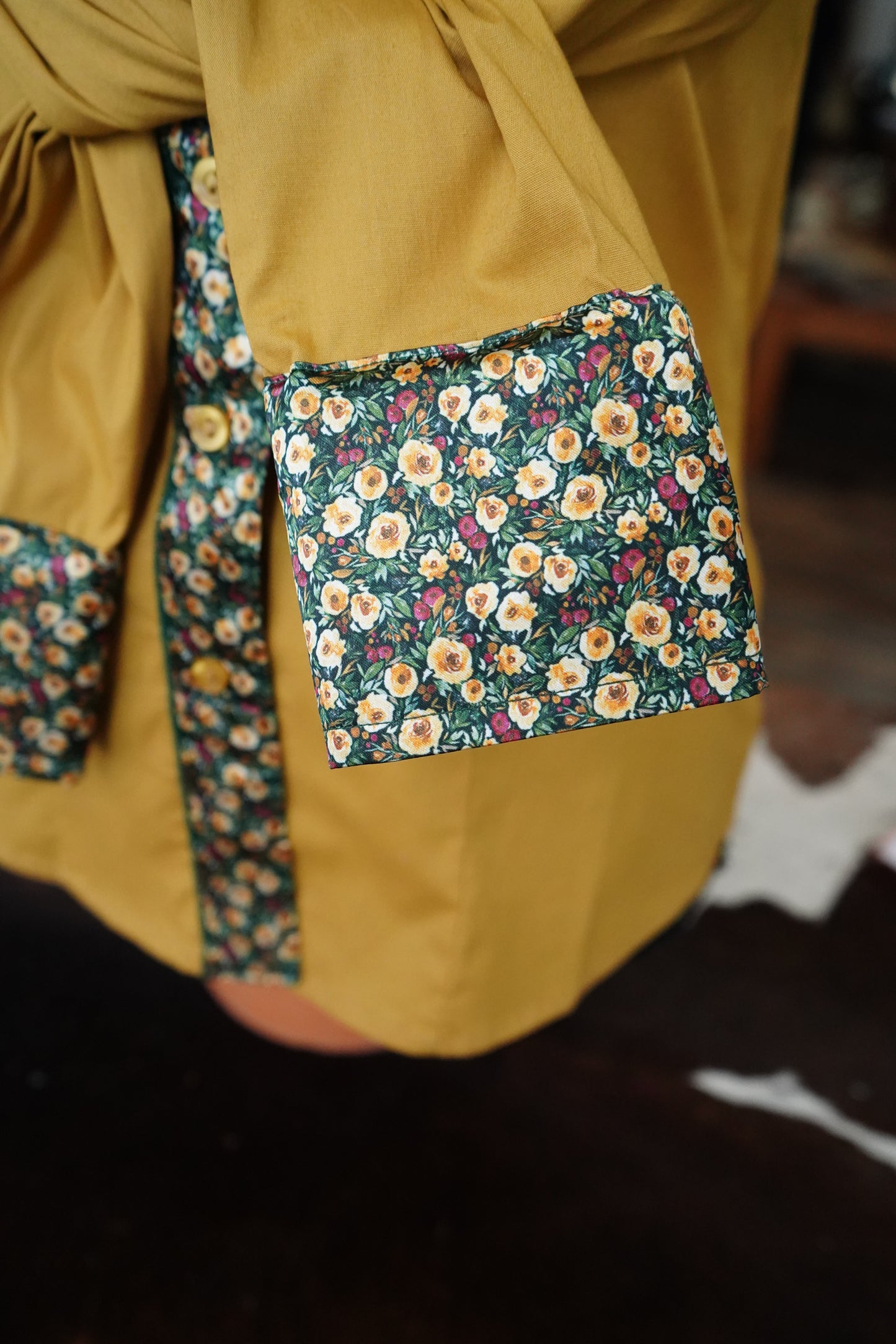 S - Tiny Autumn Floral on Mustard Cotton Button Down