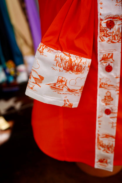 S - Pokes Prairie on Orange Cotton Button Down