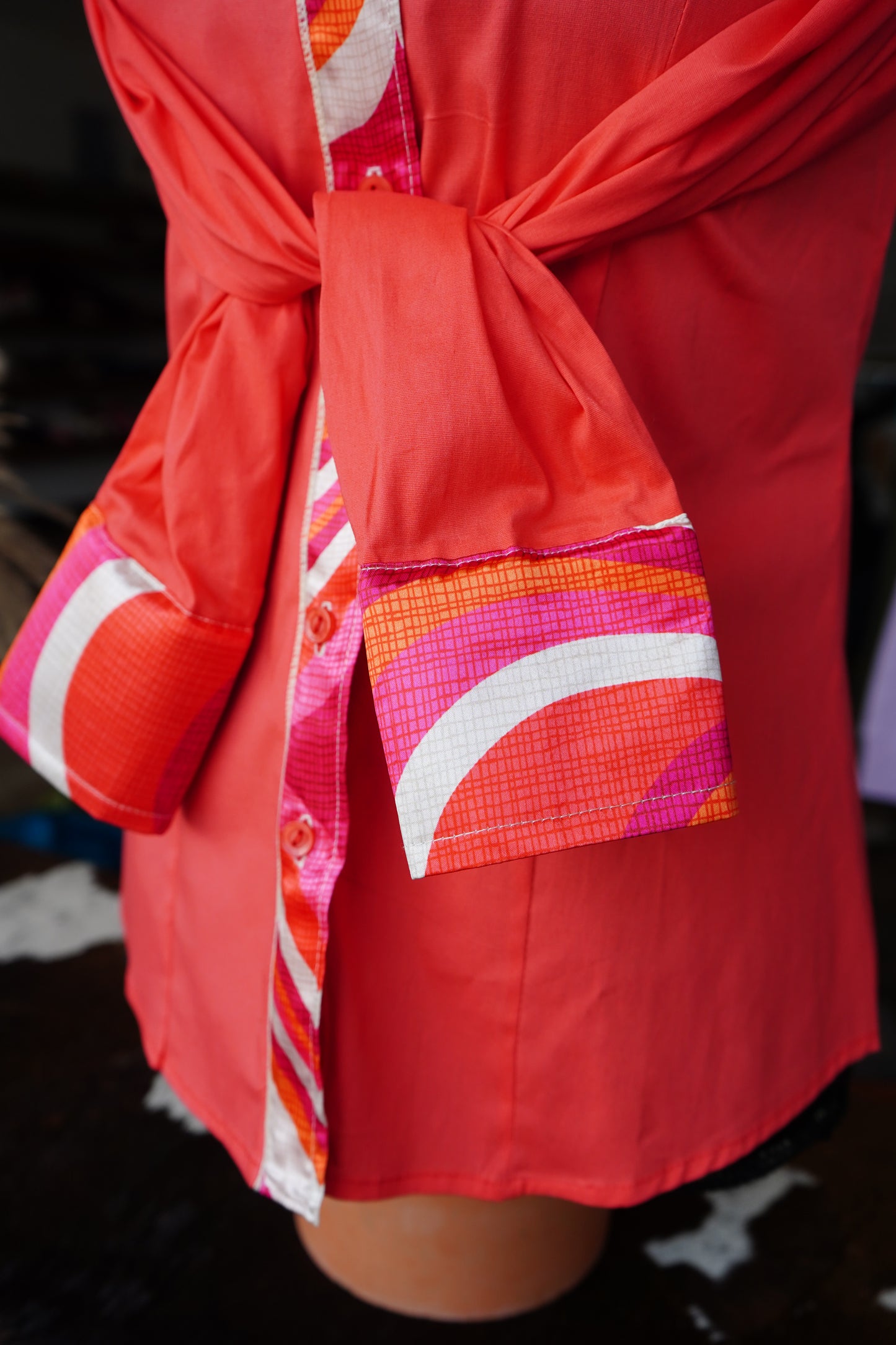 M - Woven 70s Hearts on Hot Coral Cotton Button Down