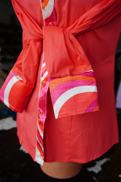 M - Woven 70s Hearts on Hot Coral Cotton Button Down