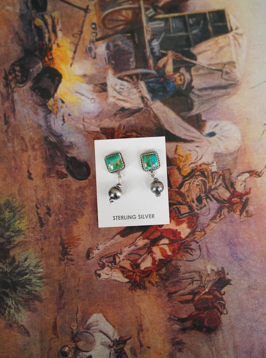 Turquoise Square w/ Dangly Pearl Stud Earrings