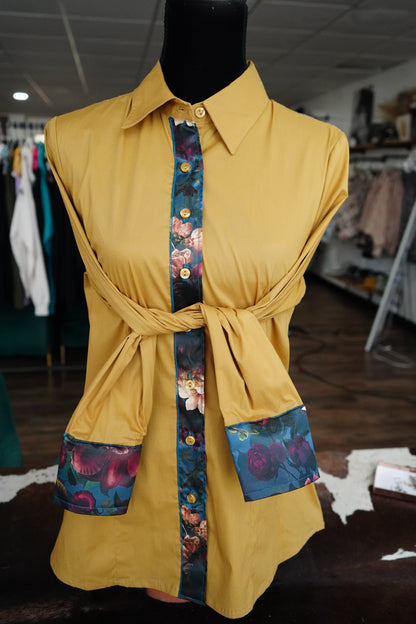 XL - Teal & Mustard Moody Floral on Mustard Cotton Button Down