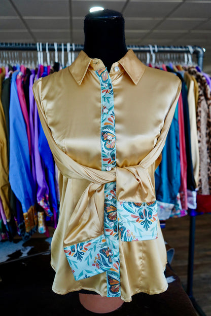 L - Caterpillar & Monarchs on Gold Satin Button Down