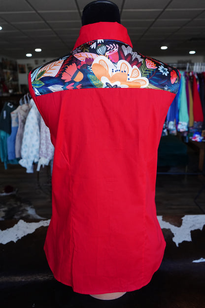 PRELOVED - XL - Black Wildflower Mix on Red Cotton Button Down