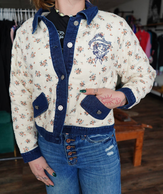 Cowgirls Cry - Cropped Floral Denim Button Up Jacket