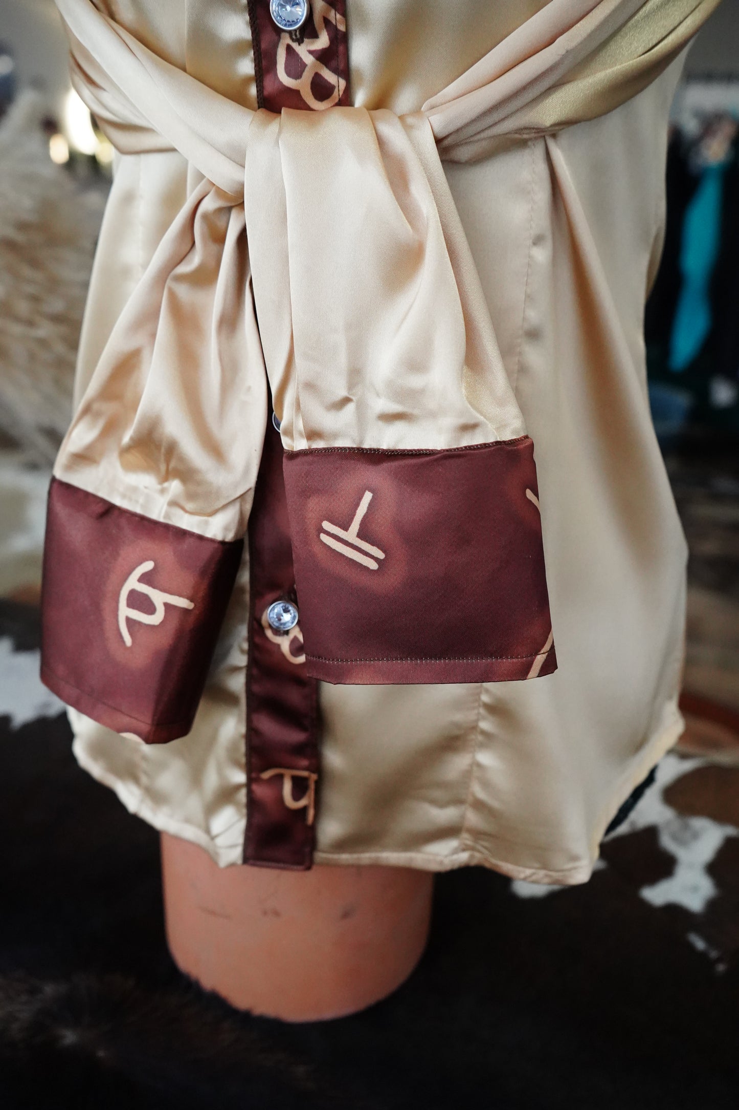 S - Cream Brands on Gold Satin Button Down