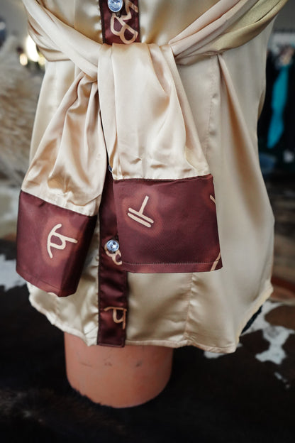 S - Cream Brands on Gold Satin Button Down