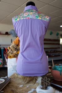 S - Pastel Flowers on Stripes on Lavender Cotton Button Down