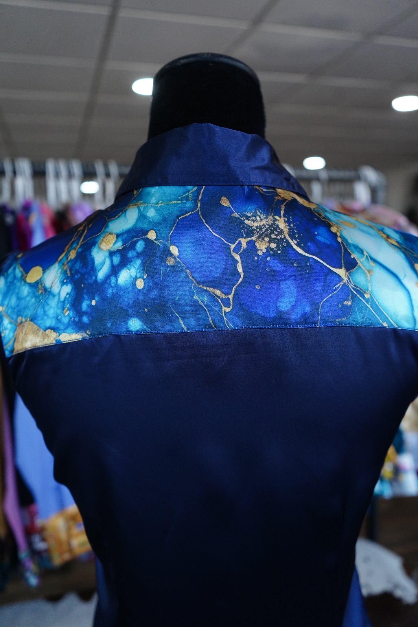 S - Gold, Emerald & Blue Watercolor on Navy Satin Button Down