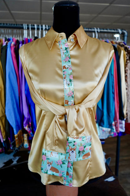 M - Floral Corgis on Gold Satin Button Down