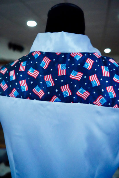 M - Mini Flags on White Satin Button Down