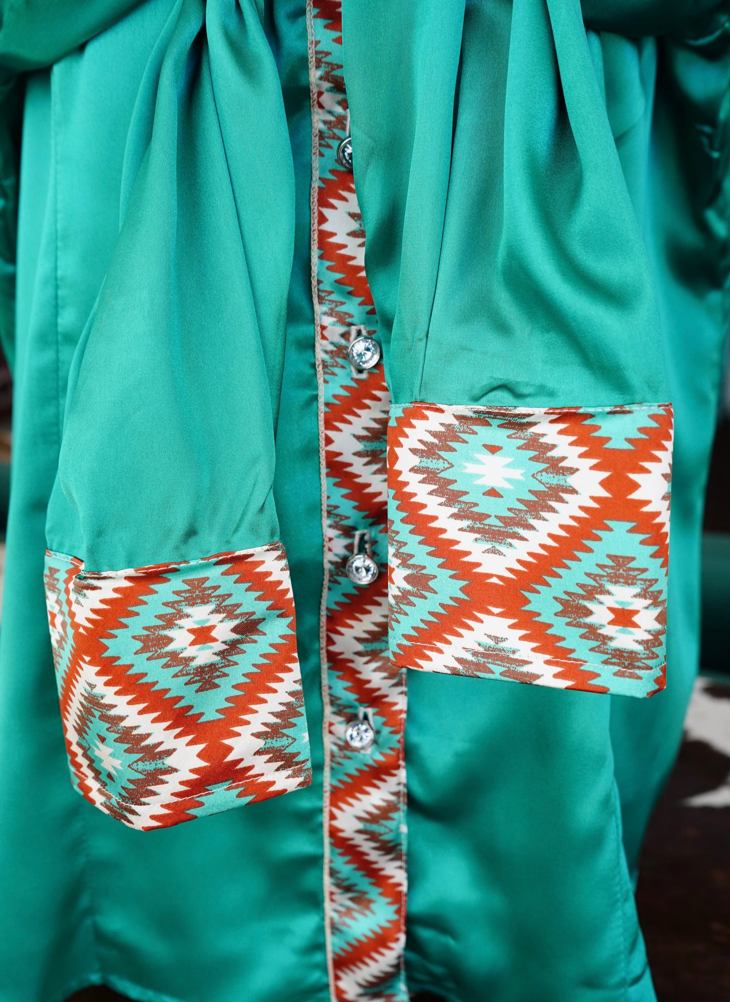3XL - Rust Diamond Aztec on Emerald Satin Button Down