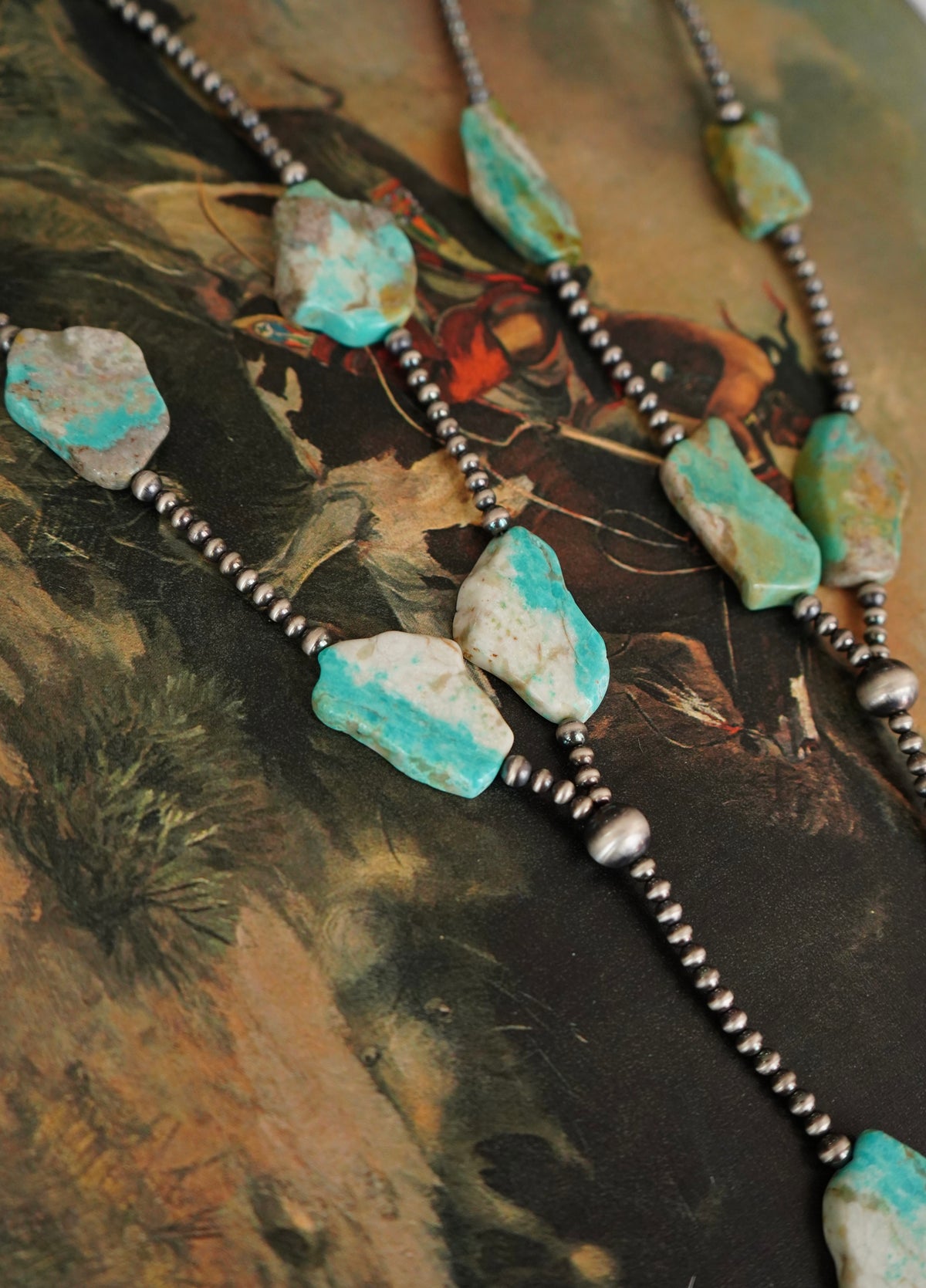 Sterling Silver Pearls & Turquoise Slab Lariat Necklaces