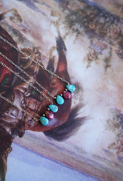 3 Stone Turquoise Teardrops on Paper Clip Chain Necklaces