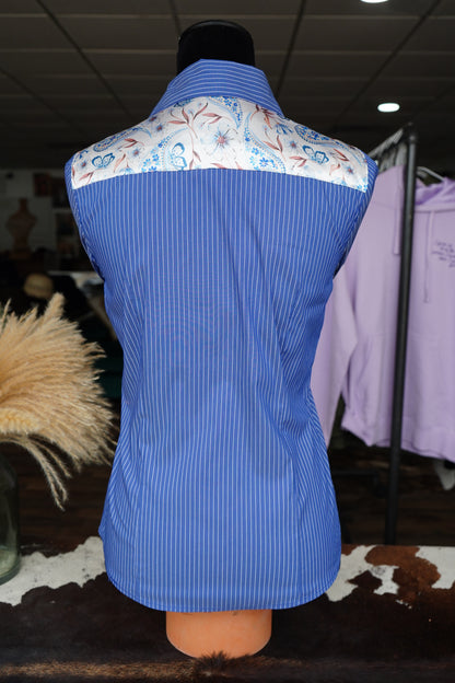 S - Rust Floral Paisley on Denim & White Striped Button Down