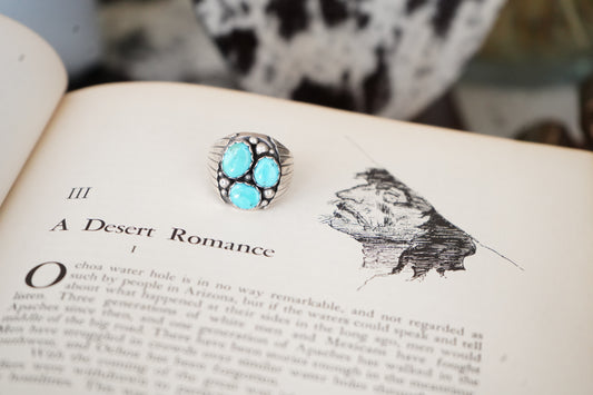 Vintage 3 Stone Turquoise w/ Silver Beads Mens Ring - Sz 11