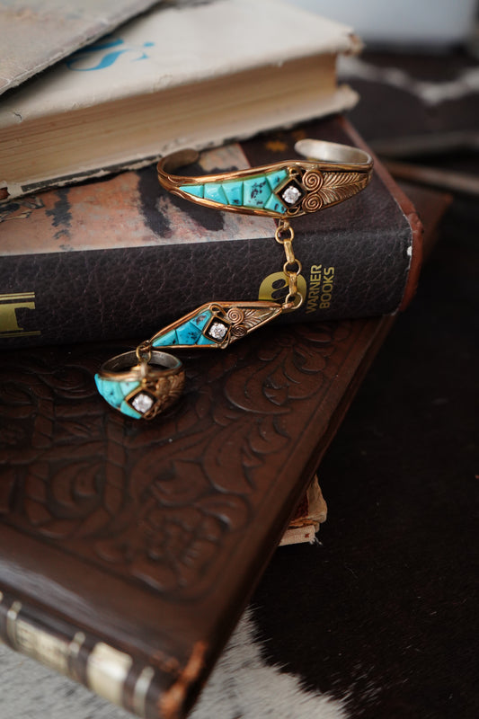 Vintage Turquoise, Gold & CZ Lariat Bracelet - Sz 8.5