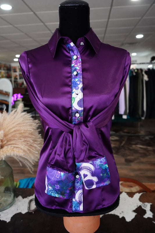 S - Purple Floral Skulls on Purple Satin Button Down