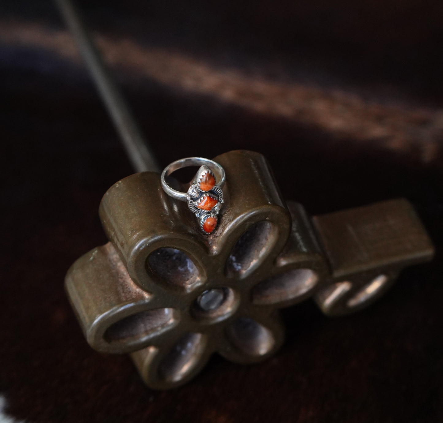 3 Stone Orange Spiny Ring - Sz 7