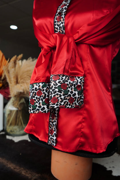 M - Daisy Roses & Cheetah on Red Button Down