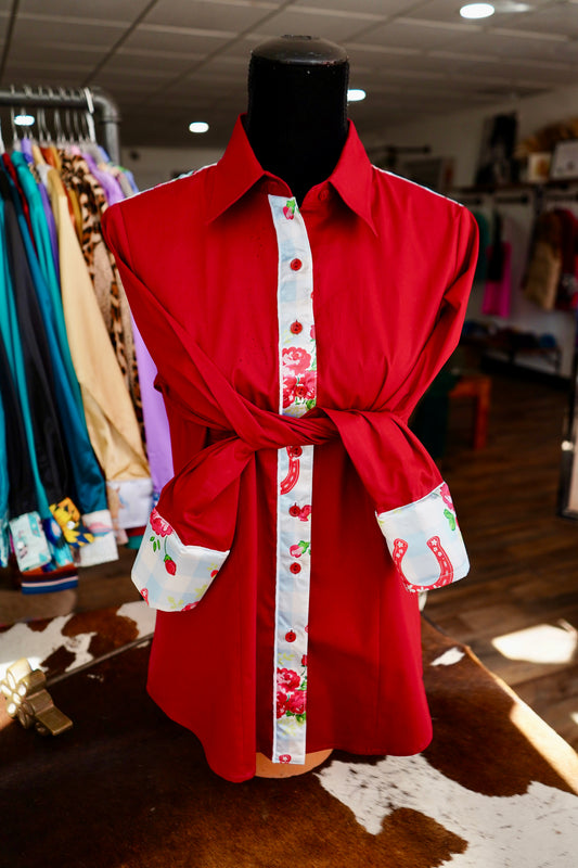 XL - Derby Bound Baby on Red Cotton Button Down
