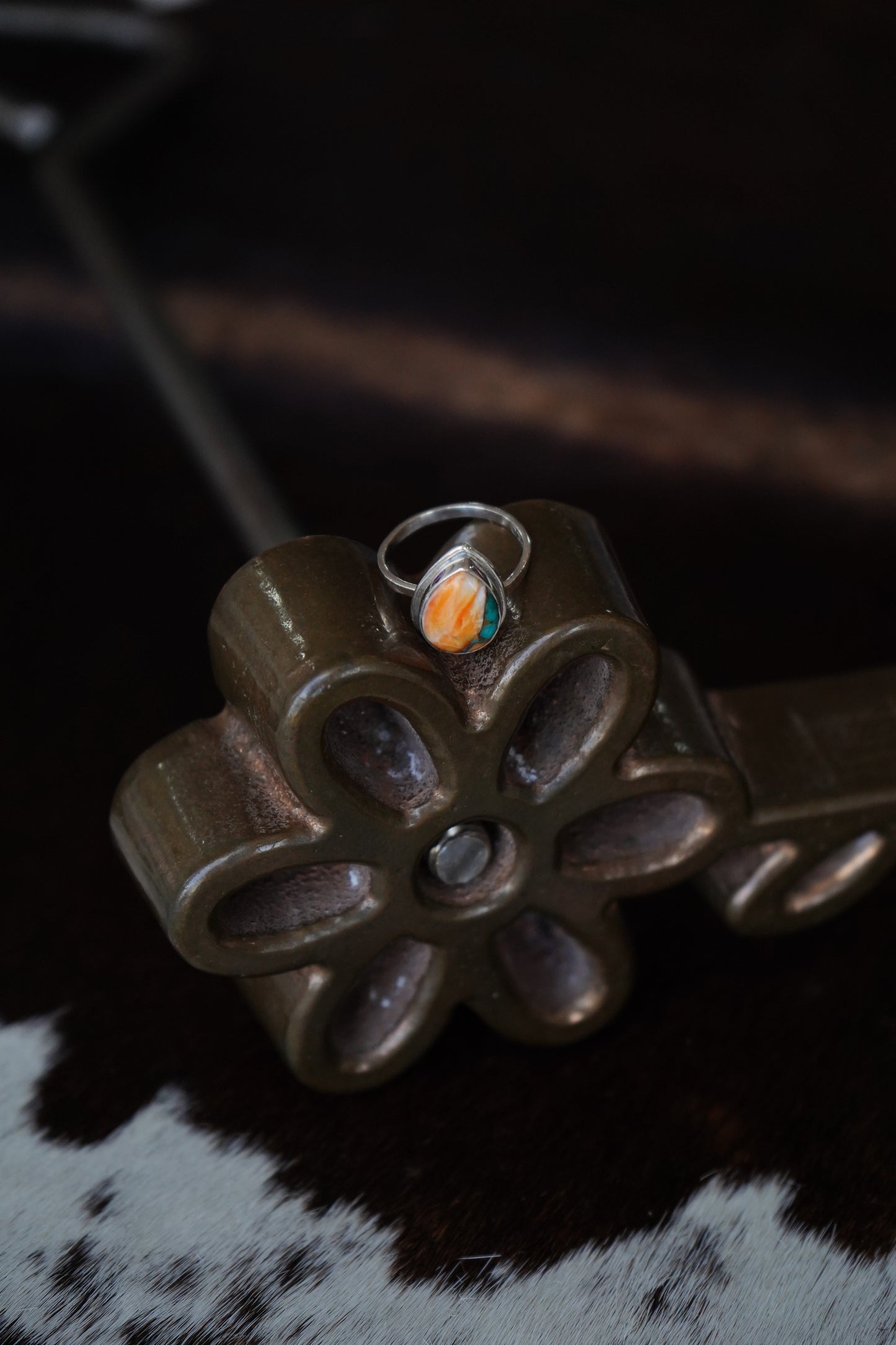 Small Turquoise & Orange Spiny Teardrop Ring - Adj