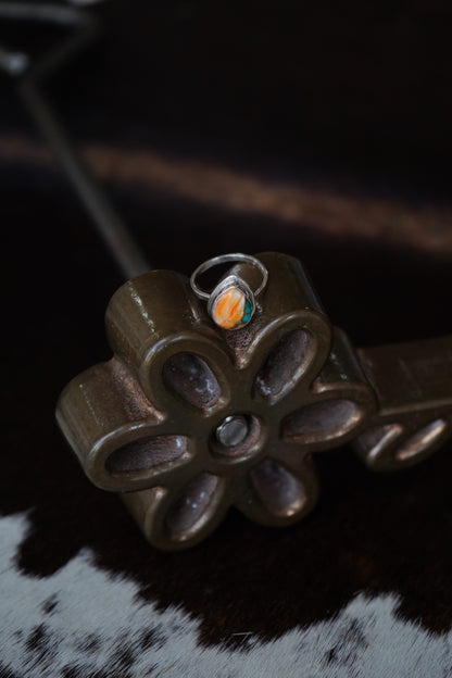 Small Turquoise & Orange Spiny Teardrop Ring - Adj