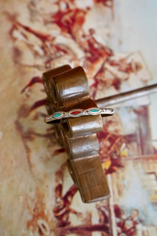 Vintage Crushed Turquoise & Red Coral 3 Stone Cuff
