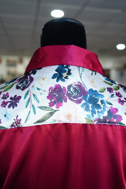 S - Plum Floral on Burgundy Satin Button Down