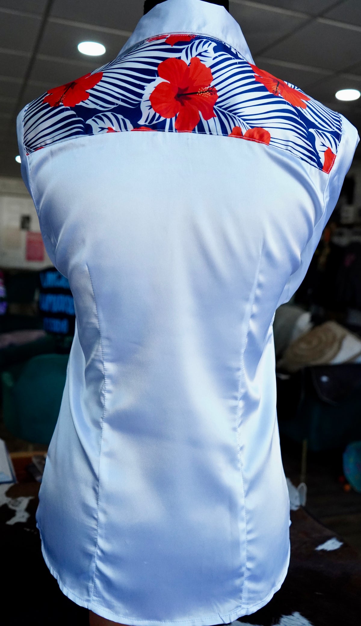 S - Patriotic Hibiscus Floral on White Satin Button Down