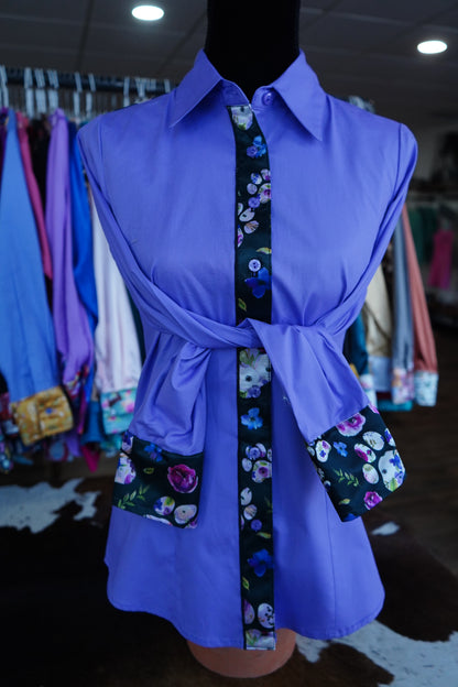 M - Floral Paw Prints on Lavender Cotton Button Down