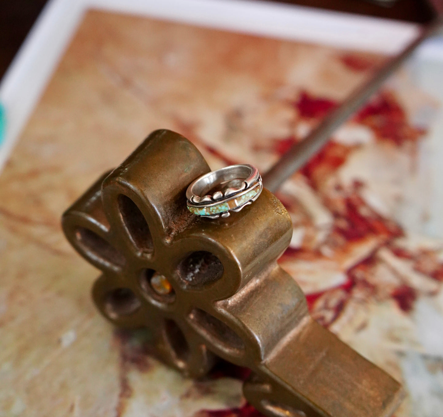 Vintage Turquoise Inlay Ring - Sz 7.75