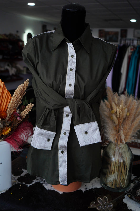 XL - Olive Cotton w/ Beige Snakeskin Button Down