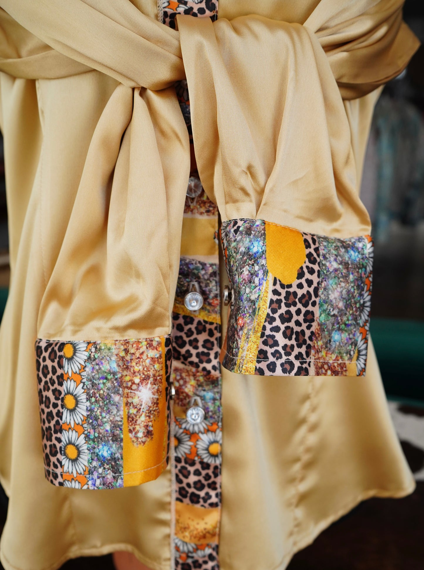 L - Daisy Cheetah Sparkles on Gold Satin Button Down