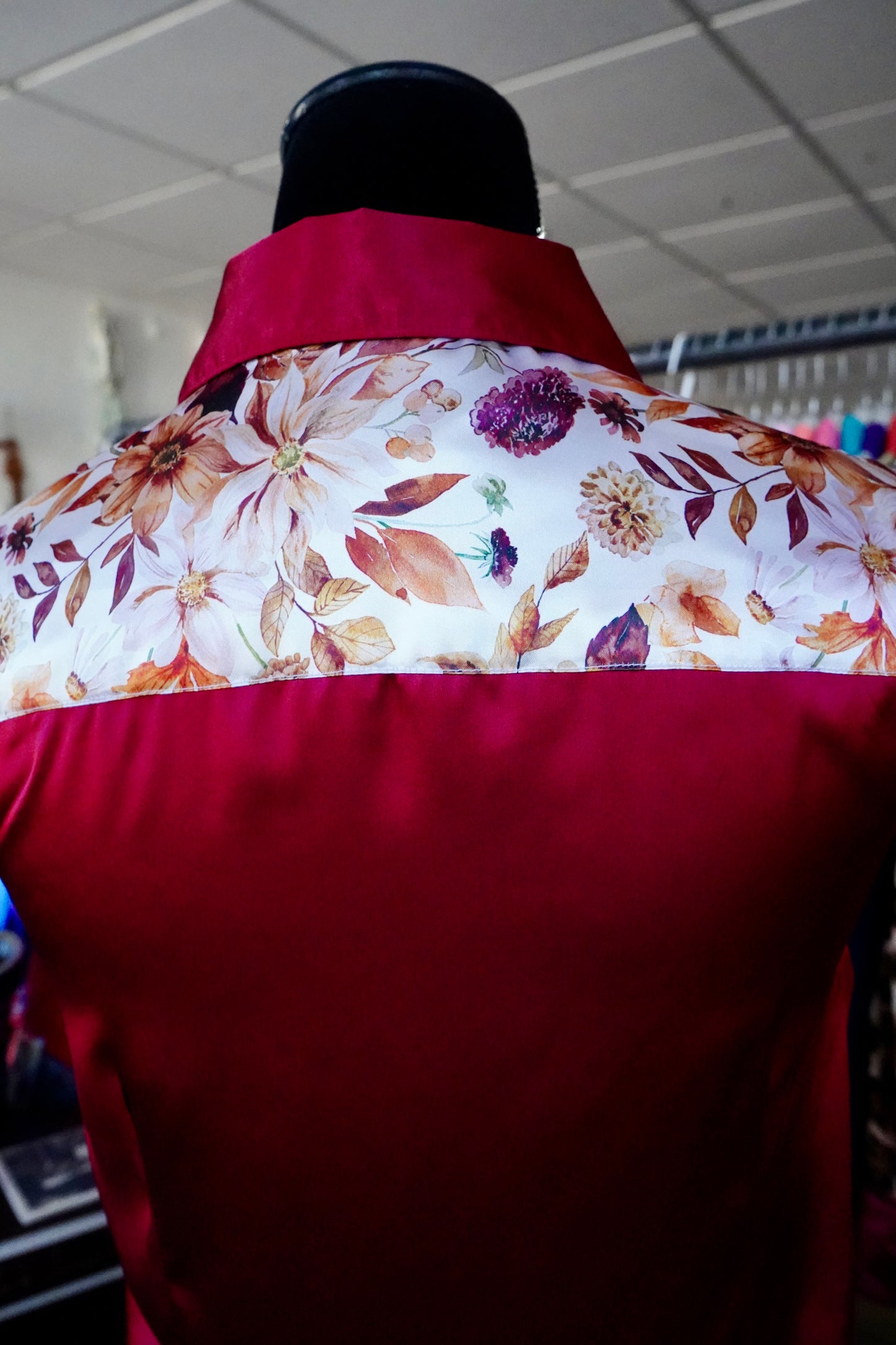 S - Watercolor Autumn Floral on Maroon Satin Button Down