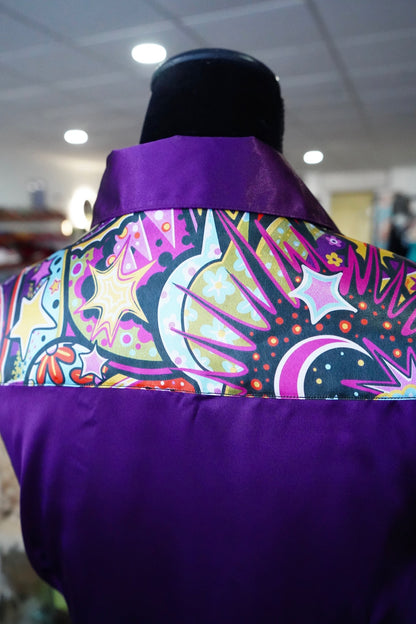 L - Groovy Space on Dark Purple Satin Button Down