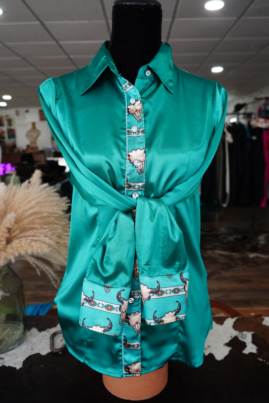 M - Turquoise Aztec Steer Heads on Emerald Satin Button Down